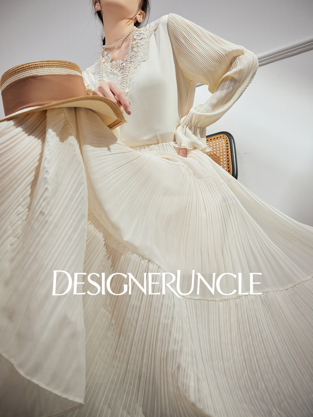 DGU| Beige New High-End Ruffled Lace Stitching Design Long-Sleeved Top - RUBY.