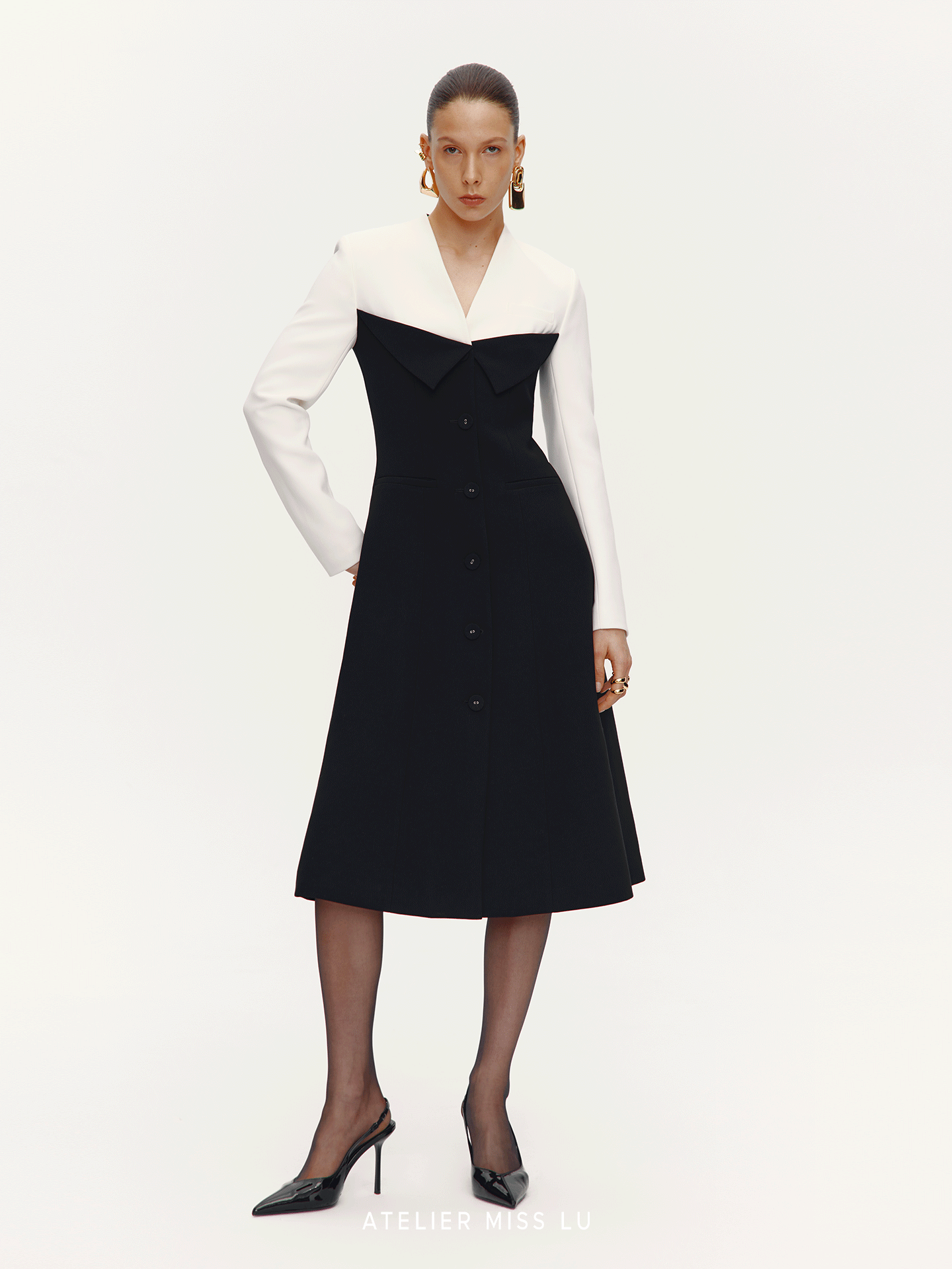 ATELIER MISS LU Contrast Color Patchwork Waist Dress Jacket - SHARP.