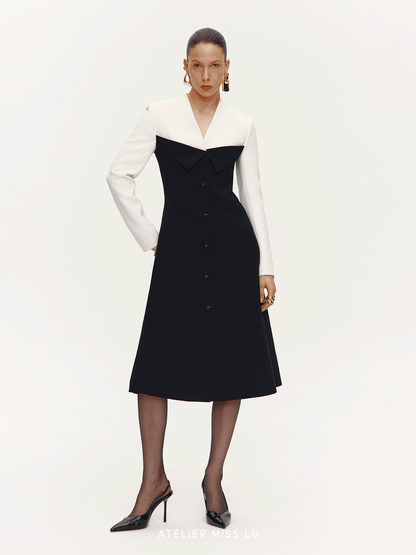 ATELIER MISS LU Contrast Color Patchwork Waist Dress Jacket - SHARP.