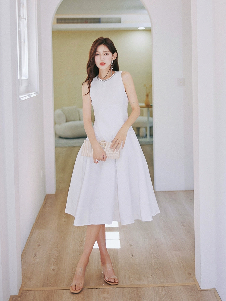 DOLLY Elegant White Crew Neck Sleeveless Long A-Line Dinner Dress-SIBYL
