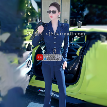 VJE Skirt OL Jacket Micro Flared Pants Two-Piece Set - HIHI.