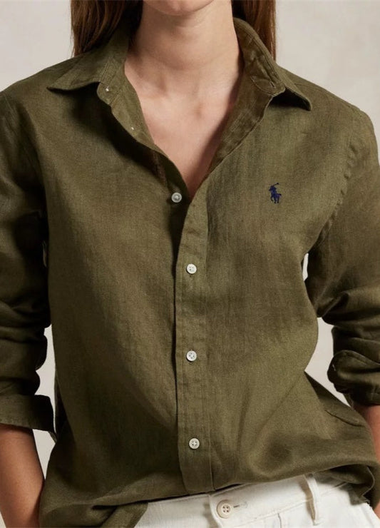 PIAOIN style loose linen shirt jacket with small logo design versatile and stylish-ROSEMARY