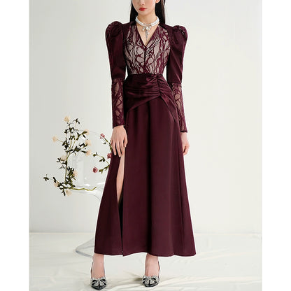 CHECOCRE Elegant Temperament Sexy V-neck Light Long Dark Red Dress - PERRING