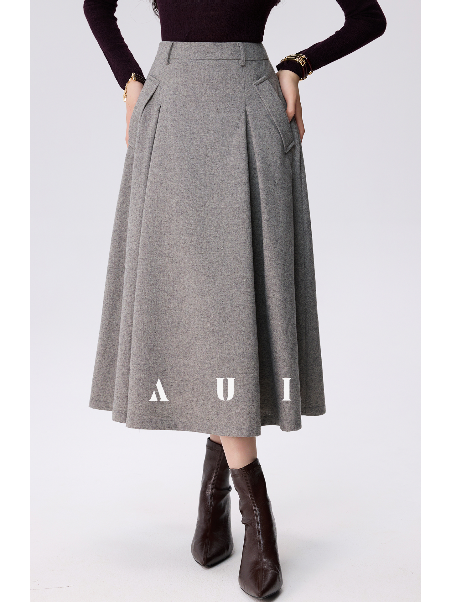 AUI Wrinkled High-Waisted Umbrella Temperament Mid-Length Skirt - PRIDE