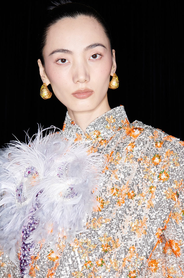 M essential Mackay designer vermilion embroidery iris ostrich feather bead dress - GINA.