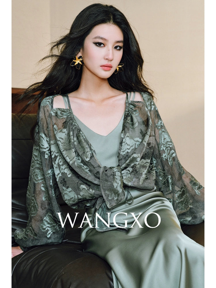WANGXO Devoré Lace Light and Shadow Heavy Industry Bias French Cardigan & Satin Sundress Set - ESMEE