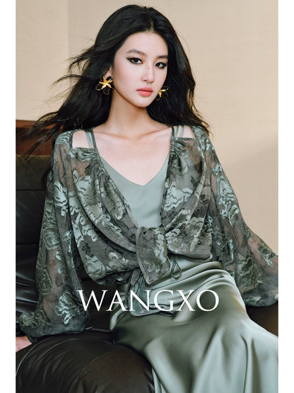 WANGXO Devoré Lace Light and Shadow Heavy Industry Bias French Cardigan & Satin Sundress Set - ESMEE