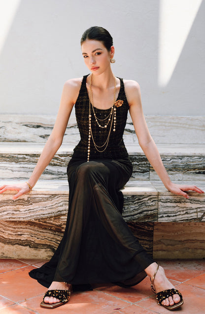 WANGXO | Twill Roman Knit with Lightweight Sheer Paneling  A-Line Hem Flowing Skirt  -RAYA