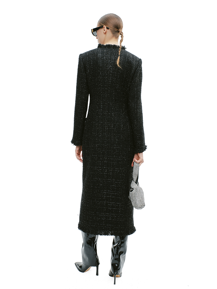 YES BY YESIR Extra-long V-Neck Tweed Coat Dress - COLE.