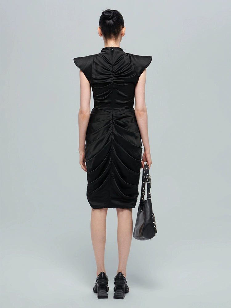 ANNAKIK black acetic multi-pleated three-dimensional flying sleeve dress-SHIGAKI