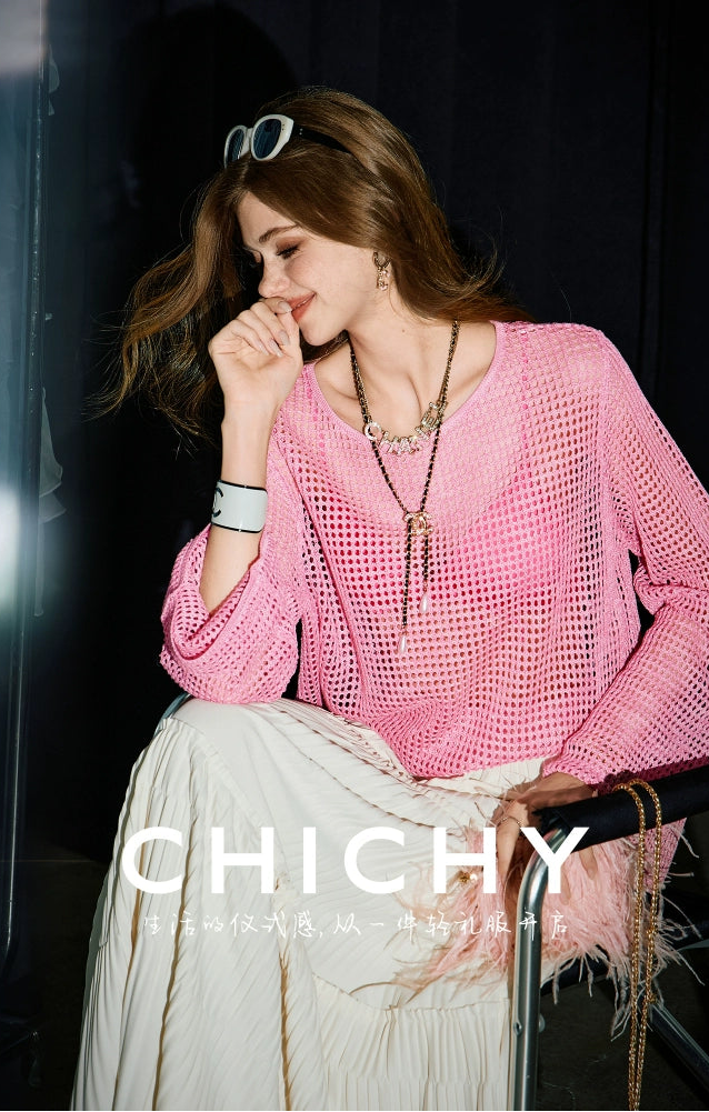 CHICHY long-sleeved cut-out gradient blended pink wool knit chic top-JARVIS