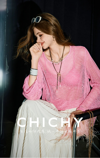 CHICHY long-sleeved cut-out gradient blended pink wool knit chic top-JARVIS