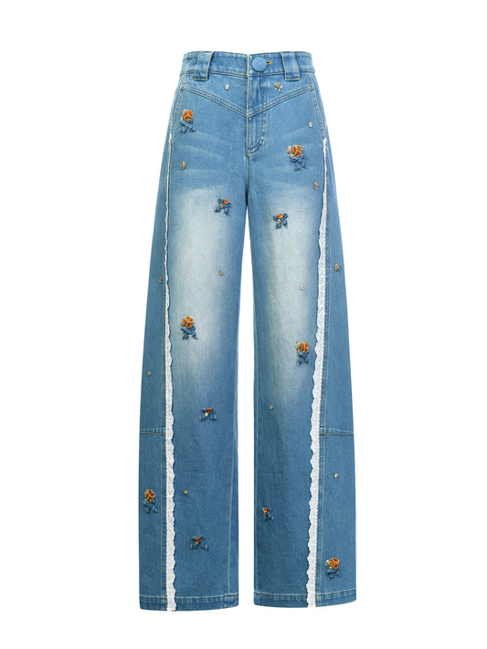 FAME Flower Beaded Patchwork Lace Denim Casual Pants - ANGEL
