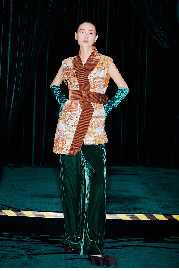 M essential Mackay designer quilted wide belt placket vest pant set- indira