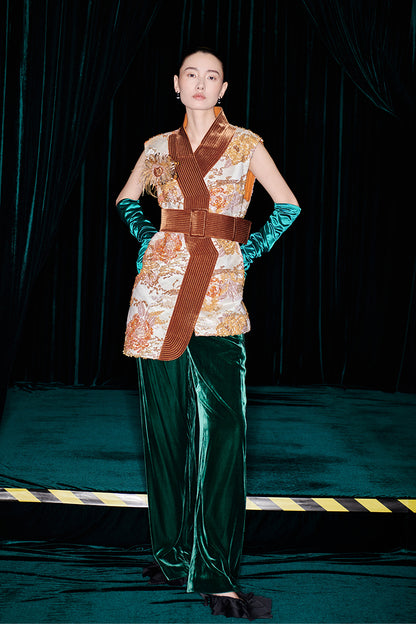 M essential Mackay designer quilted wide belt placket vest pant set- indira