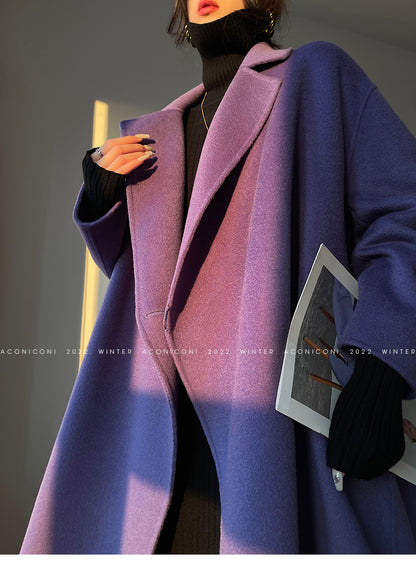 Aconiconi Luxury Purple Lapel Long Sleeve Long Straight Winter Coat- Taro