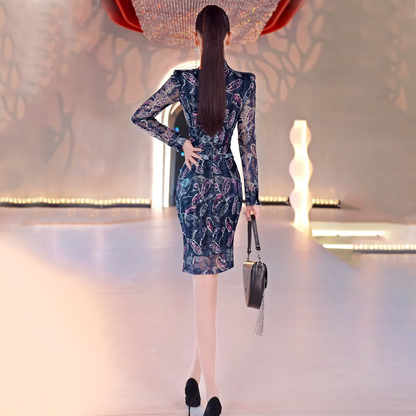 VJE Lace Mesh Print OL Shirt New Streamer Waist Dress- CANS.