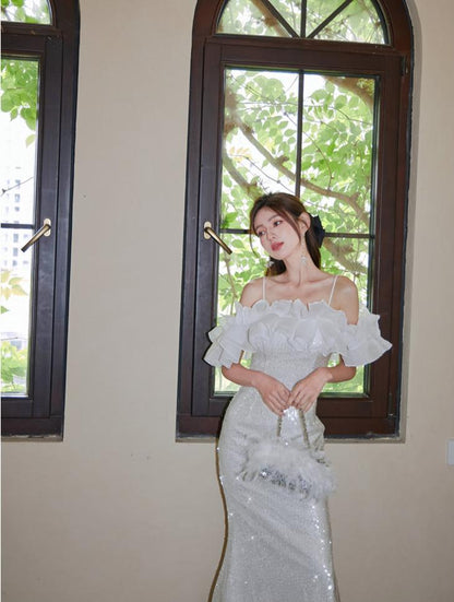 DOLLY Elegant White Off Shoulder Sequin Ruffled Tube Top Banquet Dress-ALICIA