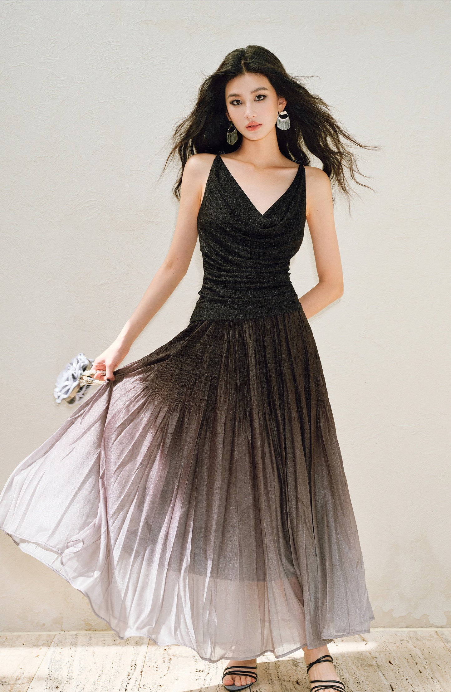 WANGXO | Elegant Swing Neckline Pleated Waist Beaded Camisole Top- SENA