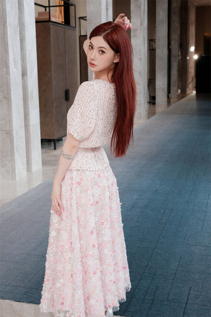 Wardrobes by Chen Elegant Pink Sequin Embroidered Long midi Skirt - Jiaa