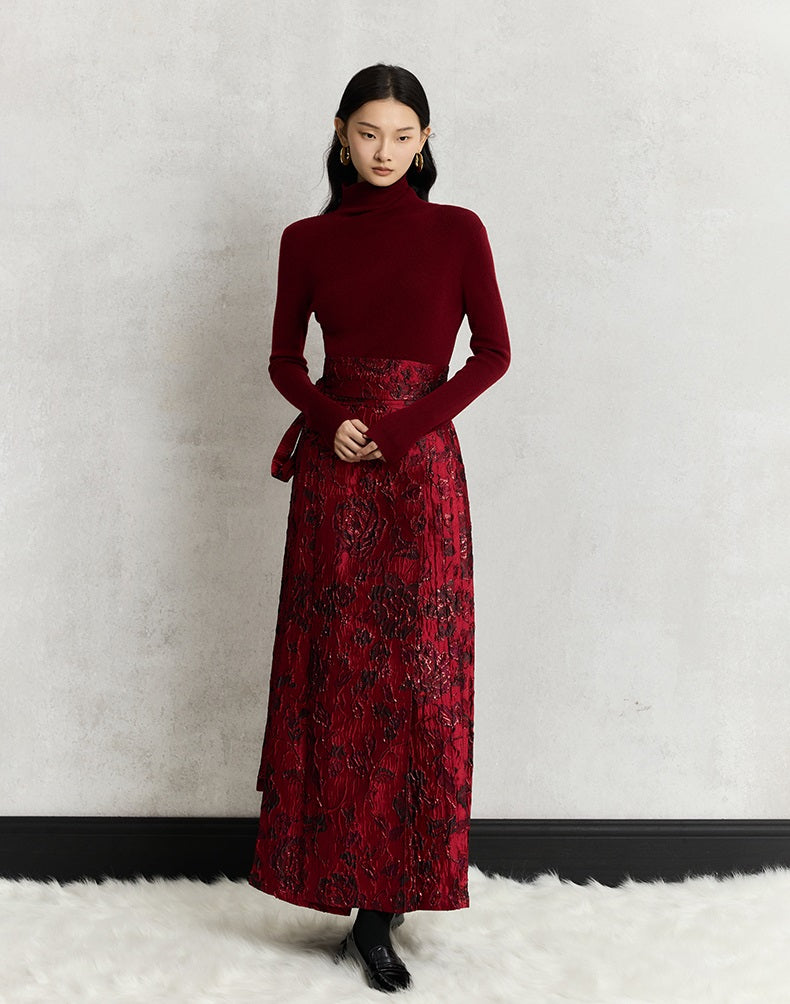 HECO Wear Gold Wire Embossed Horse Face red high waist pleated Skirt - burn.