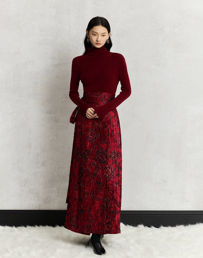 HECO Wear Gold Wire Embossed Horse Face red high waist pleated Skirt - burn.