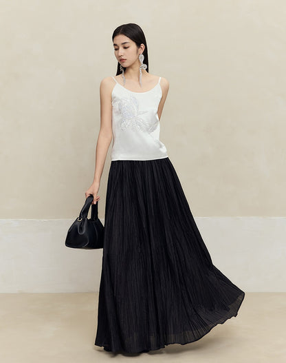 HECO striped texture swing high waist black green women's long skirt - muse.