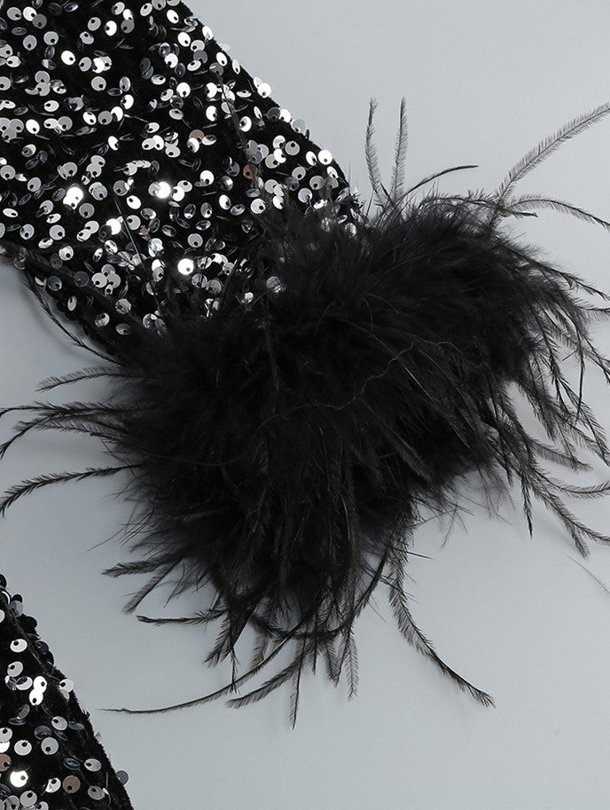 DOLLY Elegant Retro Style Crew Neck Long Sleeve Sequin Long Banquet Dress-TANIA