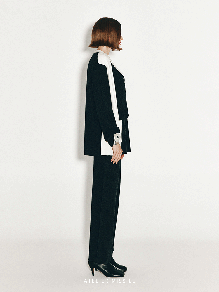 ATELIER MISS LU Geometric Contrast Cashmere and Wool Blend Cardigan - CLOVE
