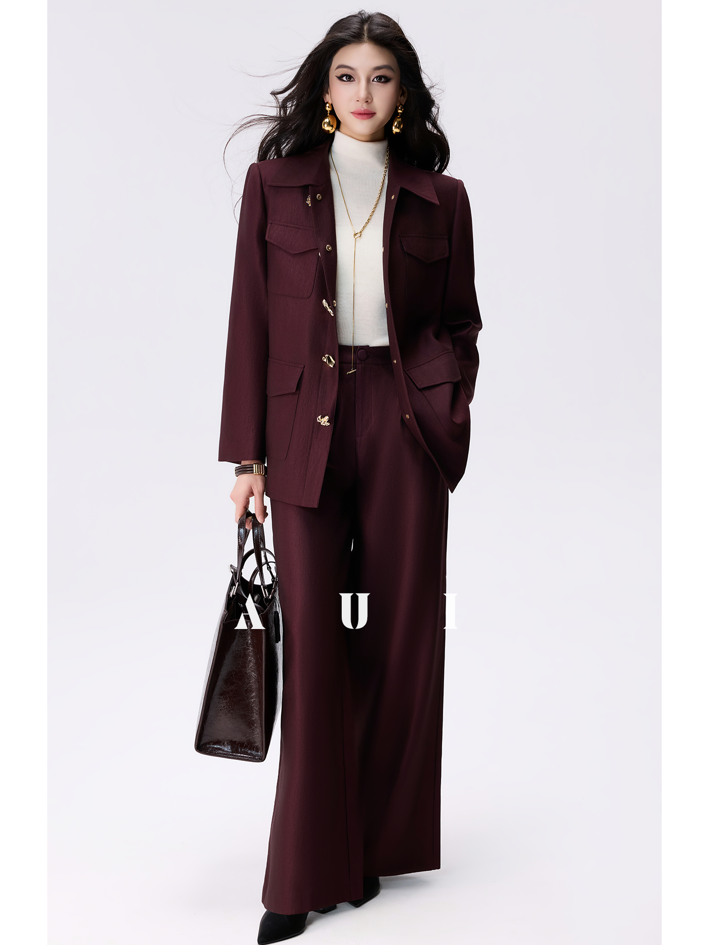 AUI Angora Red Polo Collar Shirt Outer Suit Wide-leg Casual Pants Two-Piece Set -  Hei Ryung.