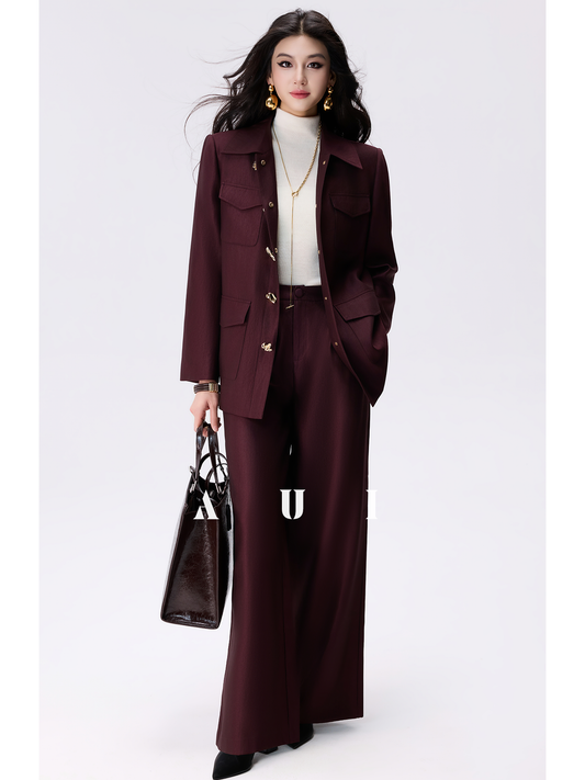AUI Angora Red Polo Collar Shirt Outer Suit Wide-leg Casual Pants Two-Piece Set -  Hei Ryung.