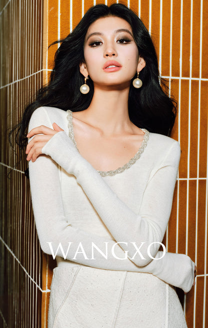 WANGXO | Diamond Chain Trim U-Neck Knitted Long Sleeve Top-EIRA.
