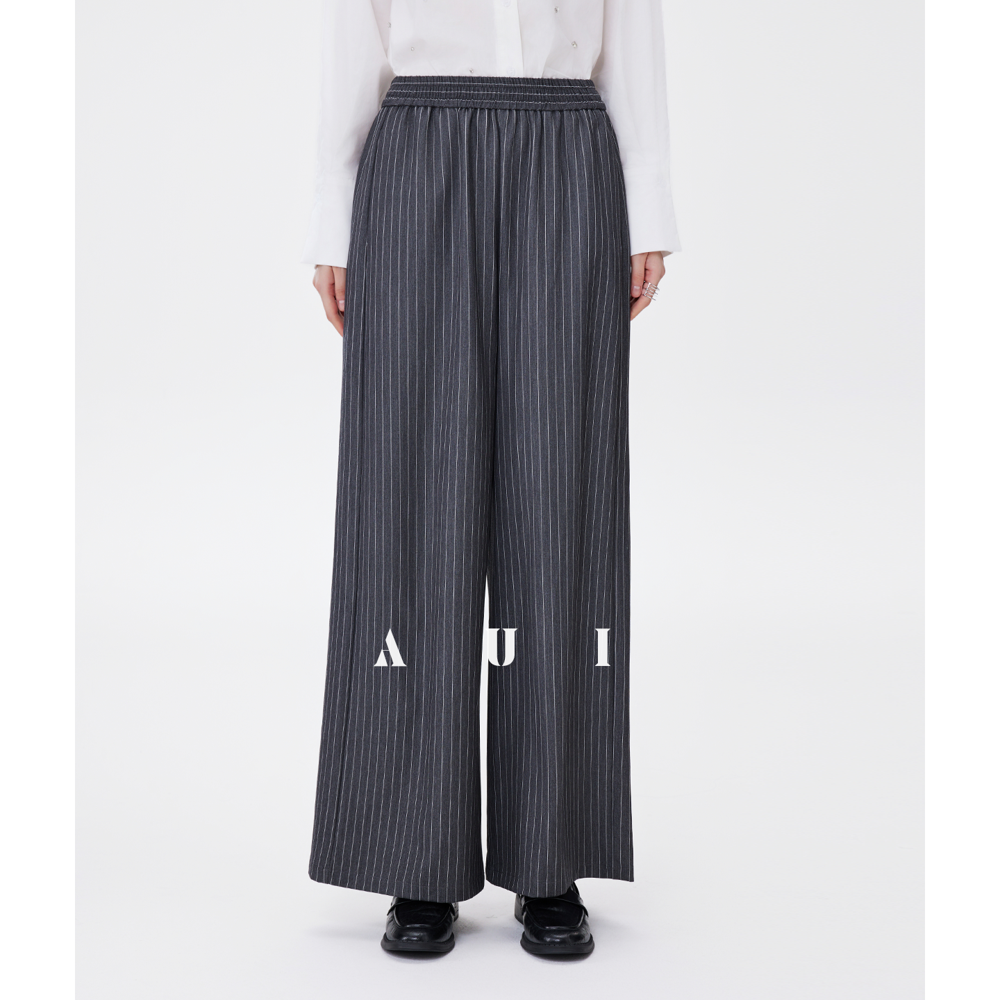 AUI Gray Striped High Intelligence Suit Wide-leg Temperament Loose Pants - Ji-woo