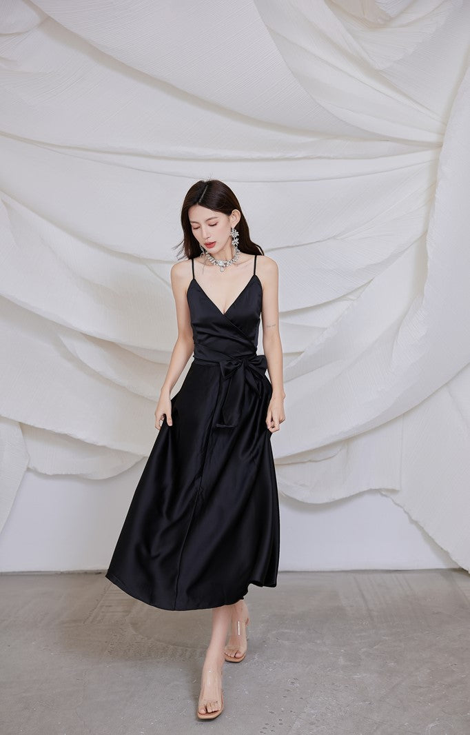 DOLLY Elegant French Style Satin V-Neck Sleeveless Backless Banquet Dress-XENA