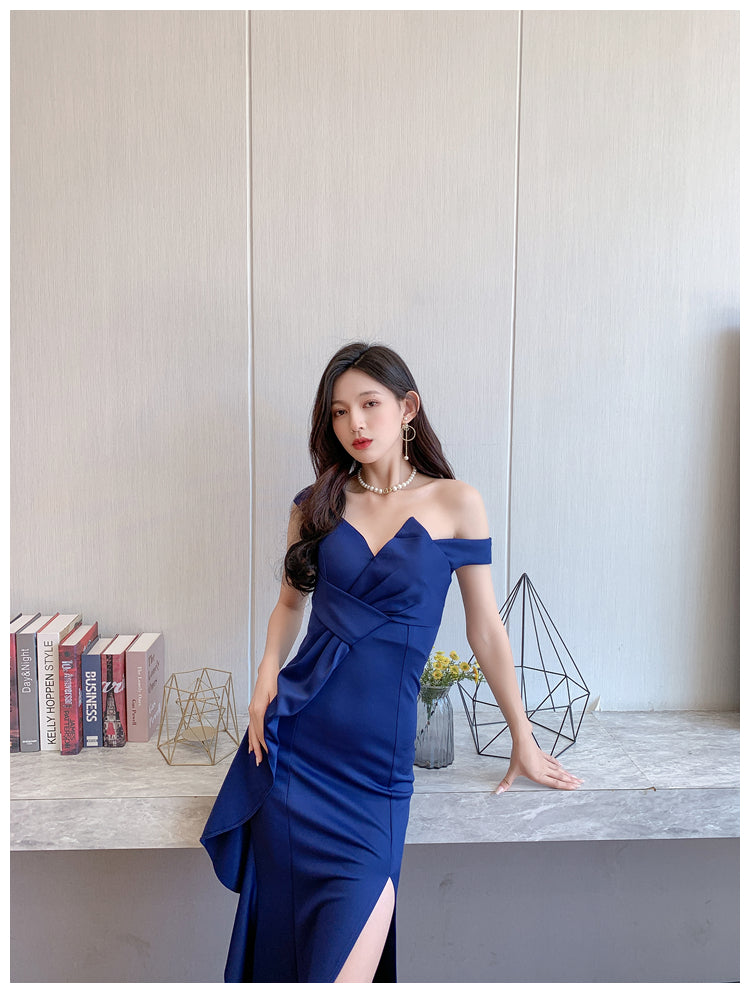 DOLLY Luxury Sleeveless Off Shoulder Tube Tob Long Irregular Slit Dinner Dress-KOKIE