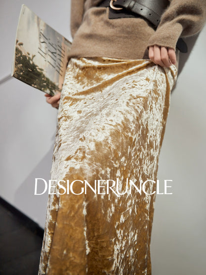 DGU "Mu Jin" khaki new retro velvet high-end slimming skirt - STOP.
