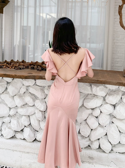 DOLLY Luxury Pink French Style V-Neck Ruffle Sleeve Long Wedding Guest Dress-MARON