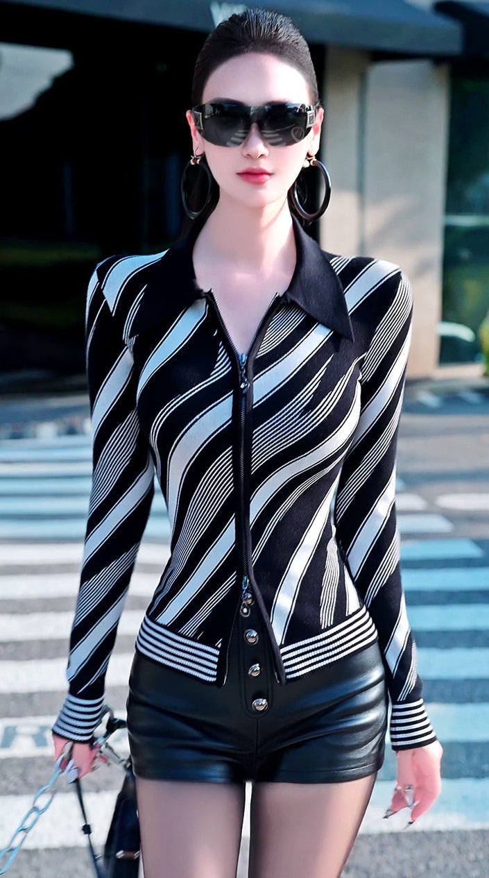 VJE Stripe Knitted Cardigan Age-Reducing Contrast Sweater Jacket-NIN.