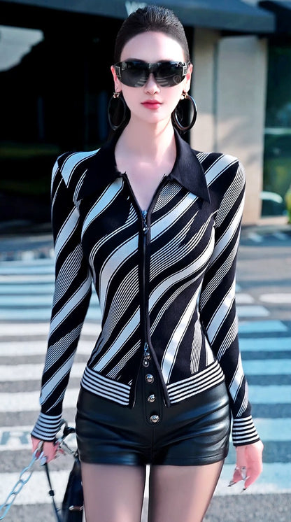 VJE Stripe Knitted Cardigan Age-Reducing Contrast Sweater Jacket-NIN.