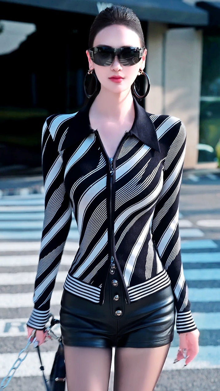 VJE Stripe Knitted Cardigan Slim Length Age-Reducing Contrast Sweater-NIN.