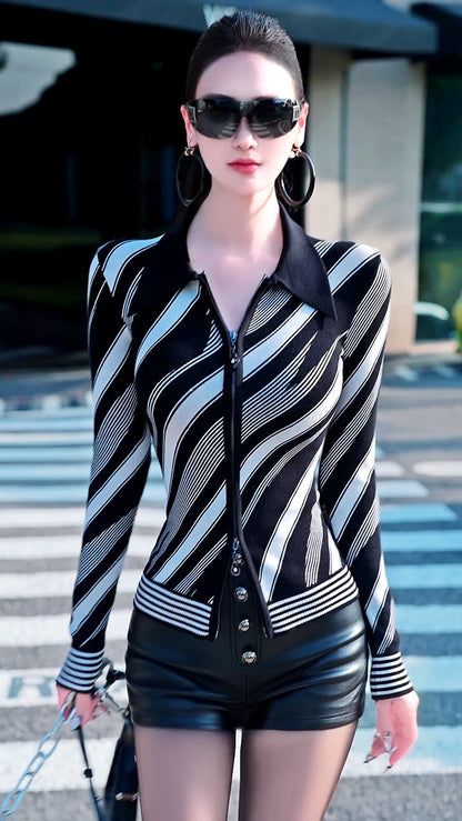 VJE Stripe Knitted Cardigan Slim Length Age-Reducing Contrast Sweater-NIN.