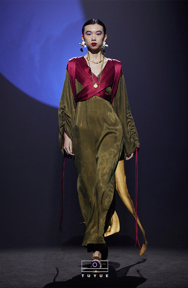 TUYUE Brown-green backless silk streamer dress- ETHAN.