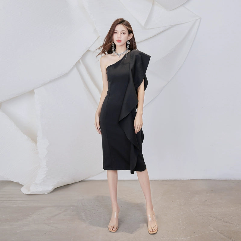 DOLLY Luxury French Style Ruffle One Shoulder Hip Hug Midi Dinner Dress-JEHO