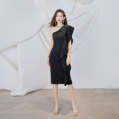 DOLLY Luxury French Style Ruffle One Shoulder Hip Hug Midi Dinner Dress-JEHO