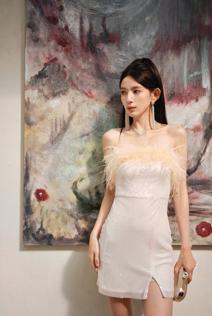 DOLLY High End Off White Feather Tube Top Sequin Short Slit Party Dress-PANTI