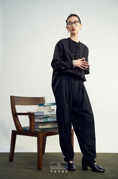 TUYUE Black Weave Organ Pleated Long Sleeve Shirt - ADELE.