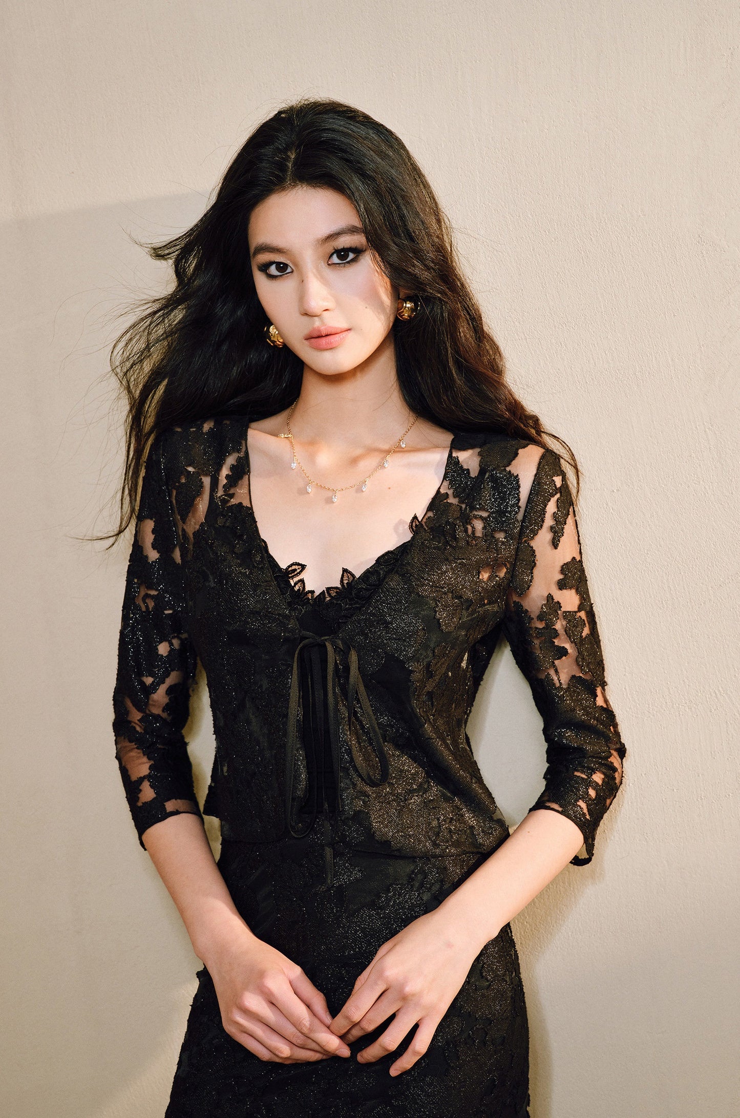 WANGXO | Lace-Up Cardigan & Irregular Double Fishtail Hip Skirt Set -KAIA