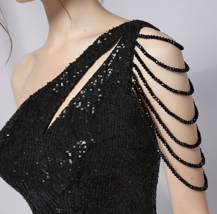 DOLLY Elegant Slant Collar Sleeveless Splice Sequin Slim Fit Dinner Guest Dress-NANA