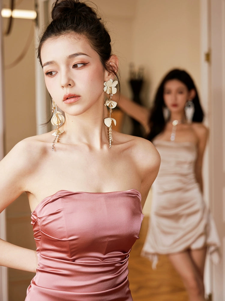 DOLLY Elegant French Style Sleeveless Tube Top Slim Fit Satin Short Dress-KARALINA