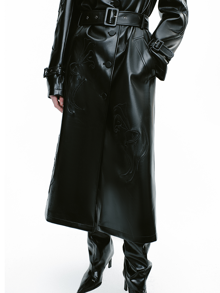YES BY YESIR calla lily black Monroe long leather trench coat - FEEL.